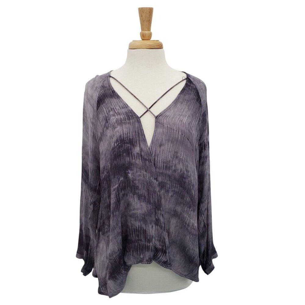Umgee Purple Crinkle Tunic Top Long Sleeve V Neck Criss Cross Boho Womens Size M - Picture 1 of 16